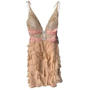 Terani Couture Peach and Pink Beaded Ruffle Cocktail Mini Dress
